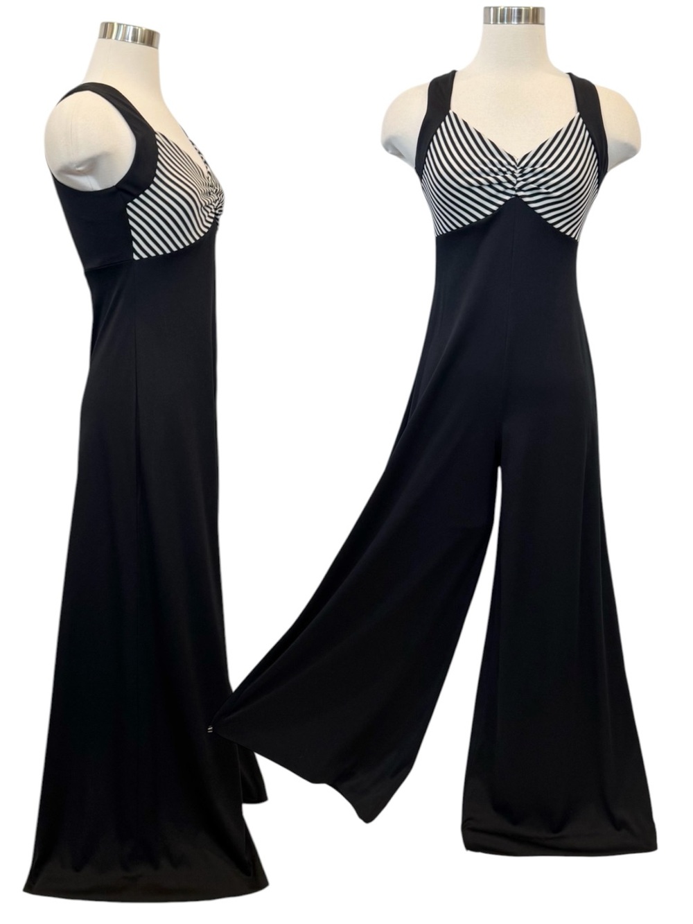 70s Vintage Knit Striped Wide Leg Black White Mod Halter Maxi Jumpsuit Romper